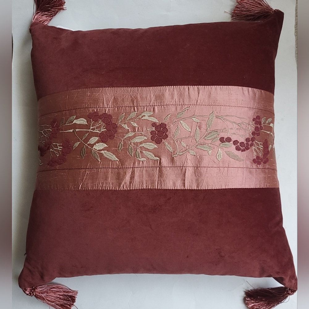 Velvet & Satin Embroidered Throw Pillow- Harvest Rosewood